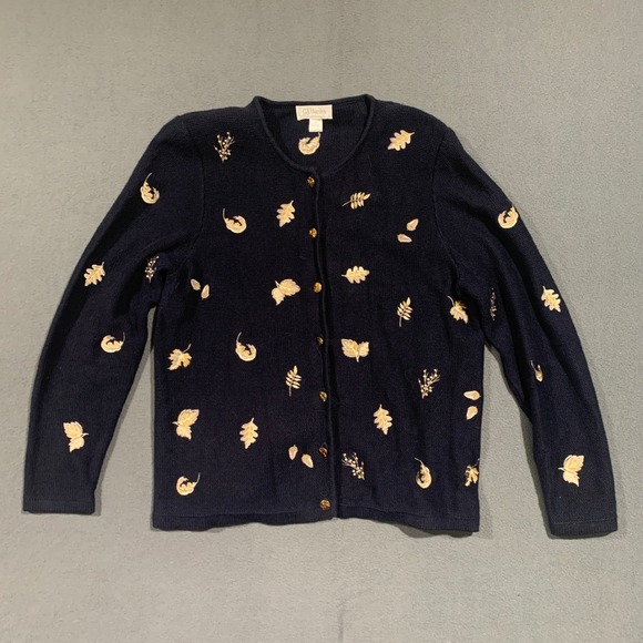 Grandmacore Fall Leaves Embroidered Cardigan Sweater Knit Navy Gold Blue Size 14 - Picture 1 of 7